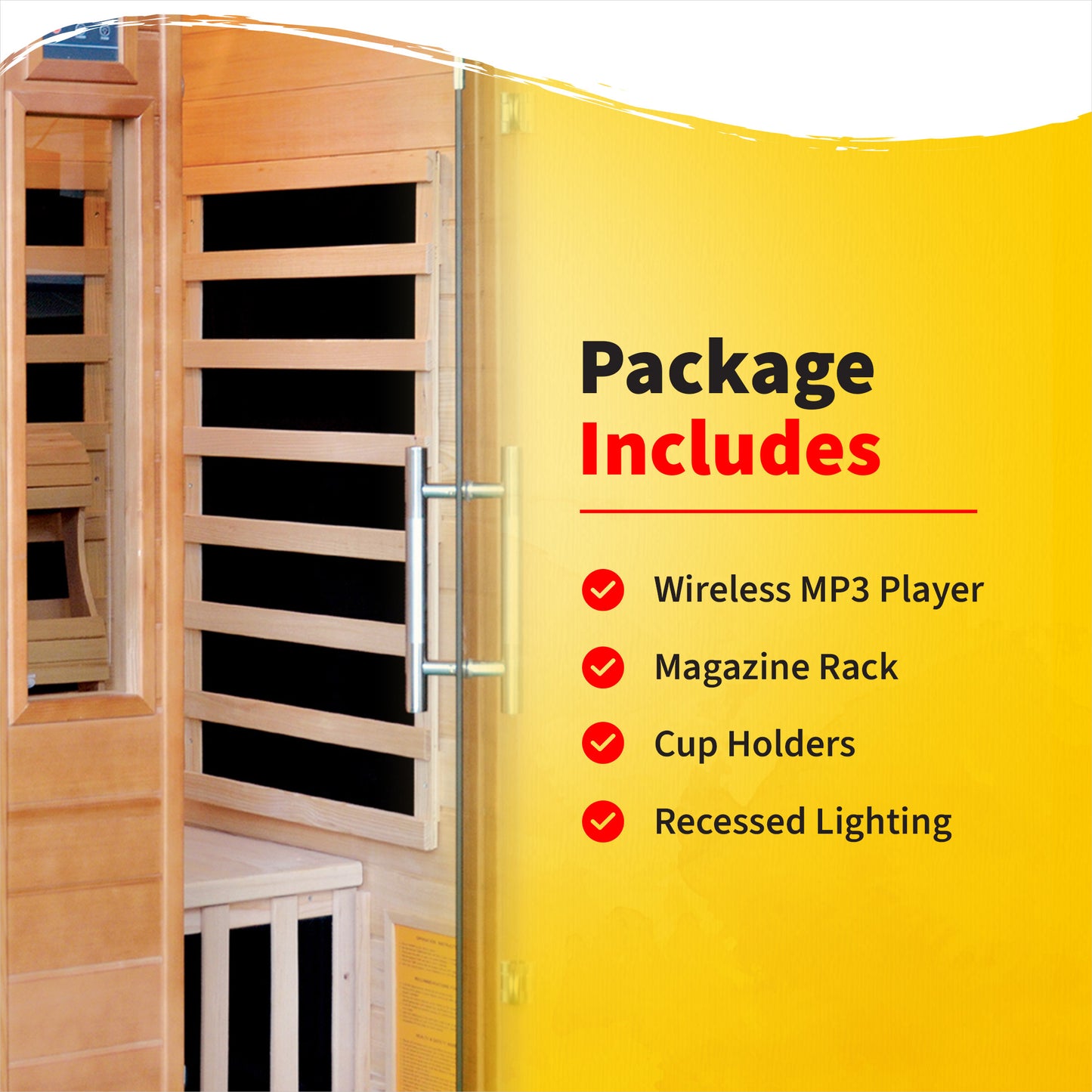 HeatWave 1-2 Person Hemlock Sauna package includes graphic: wireless MP3 player, magazine rack, cup holders, and recessed lighting