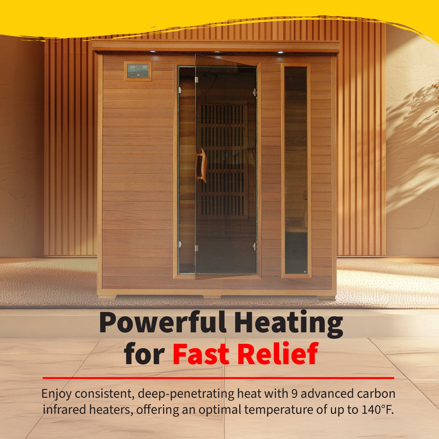 HeatWave Klondike Cedar Infrared Sauna heating graphic: 9 advanced carbon infrared heaters delivering deep-penetrating heat up to 140F