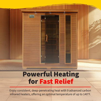 HeatWave Klondike Cedar Infrared Sauna heating graphic: 9 advanced carbon infrared heaters delivering deep-penetrating heat up to 140F