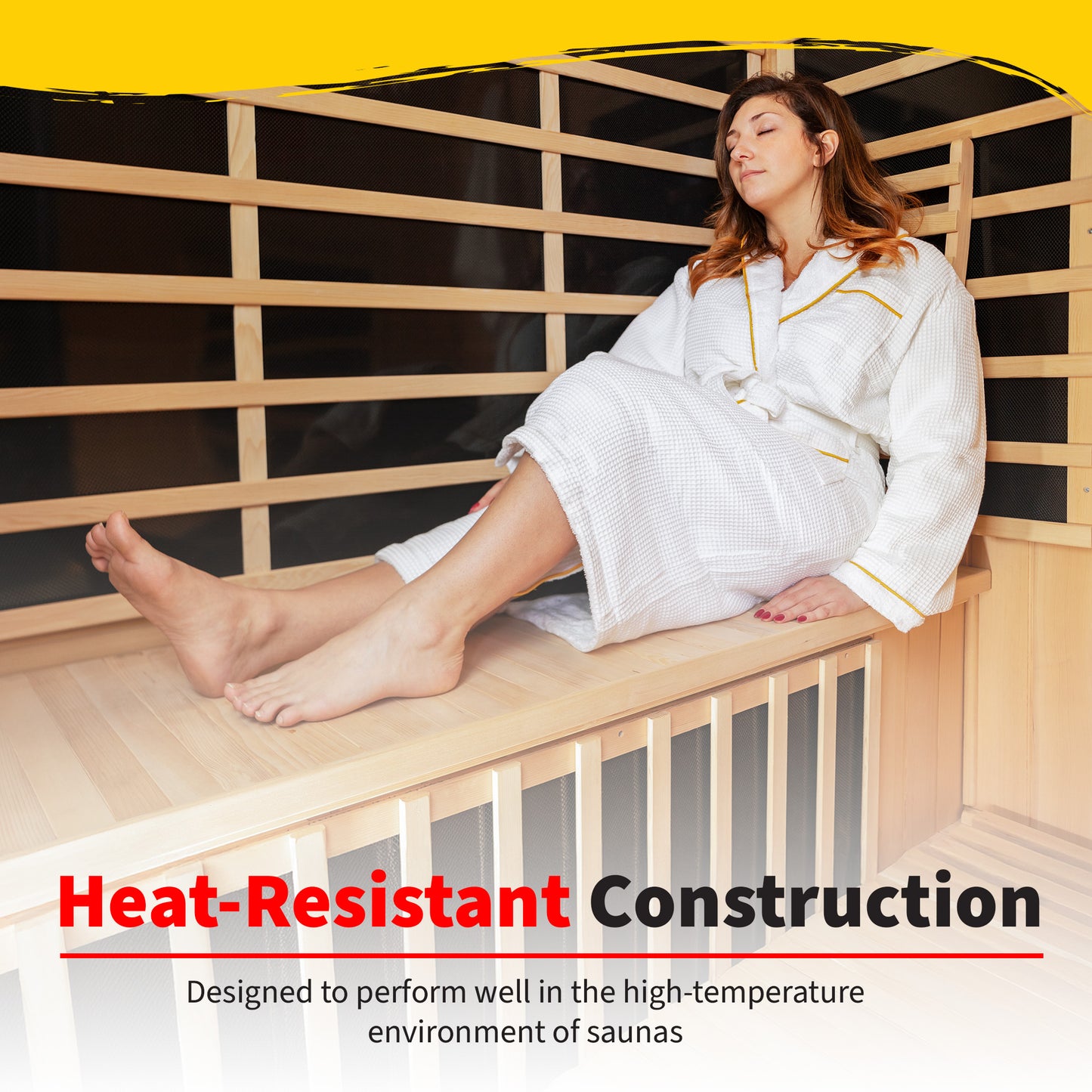 Woman in a white robe relaxing against the HeatWave Universal Sauna Backrest inside a wooden infrared sauna, with a Heat-Resistant Construction banner