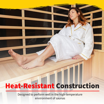 Woman in a white robe relaxing against the HeatWave Universal Sauna Backrest inside a wooden infrared sauna, with a Heat-Resistant Construction banner