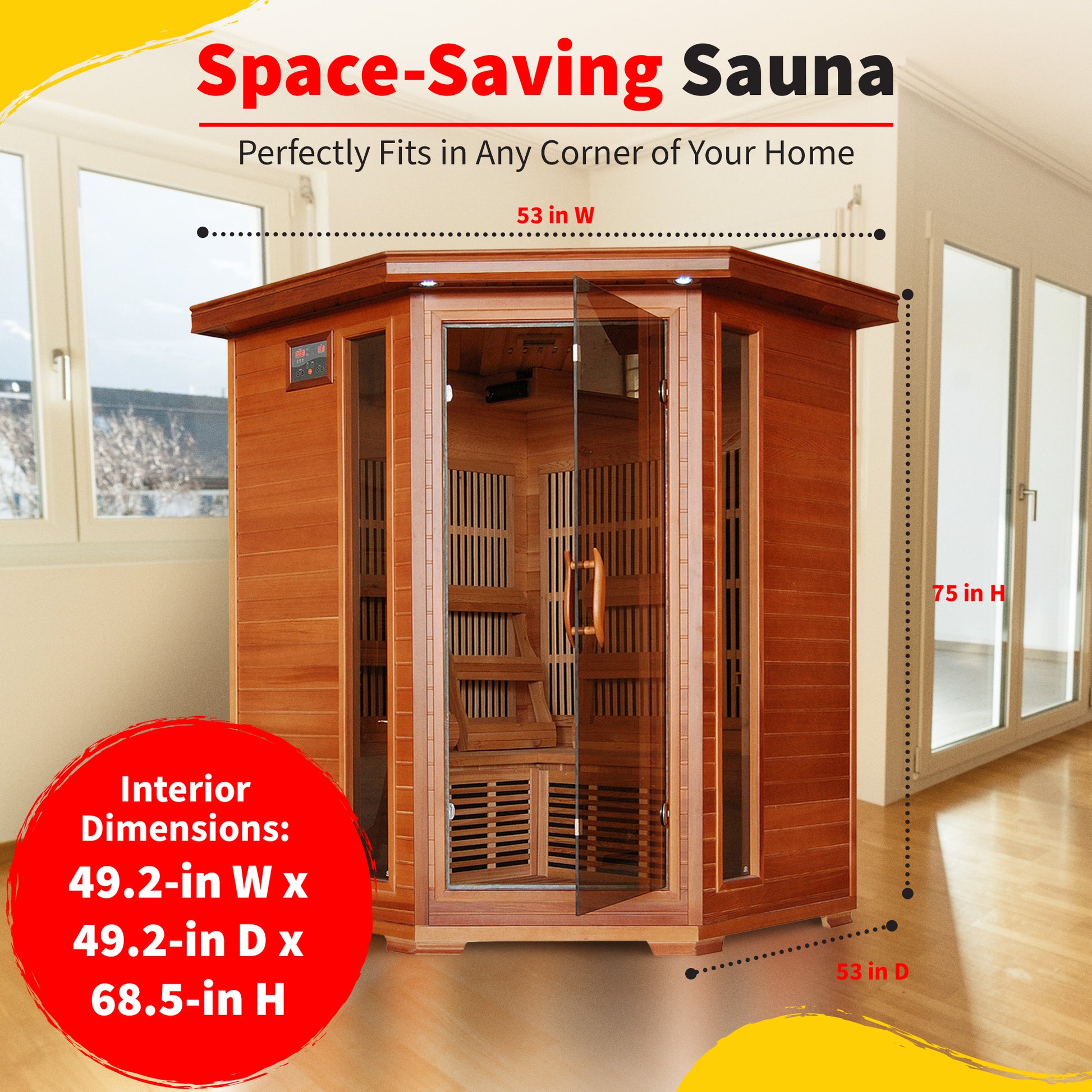 HeatWave Hudson Bay Cedar Corner Sauna dimensions graphic: exterior 53 in W x 53 in D x 75 in H, interior 49.2 x 49.2 x 68.5 in, fits any corner